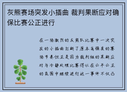 灰熊赛场突发小插曲 裁判果断应对确保比赛公正进行