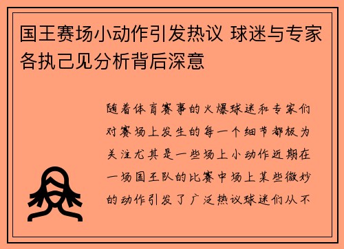 国王赛场小动作引发热议 球迷与专家各执己见分析背后深意